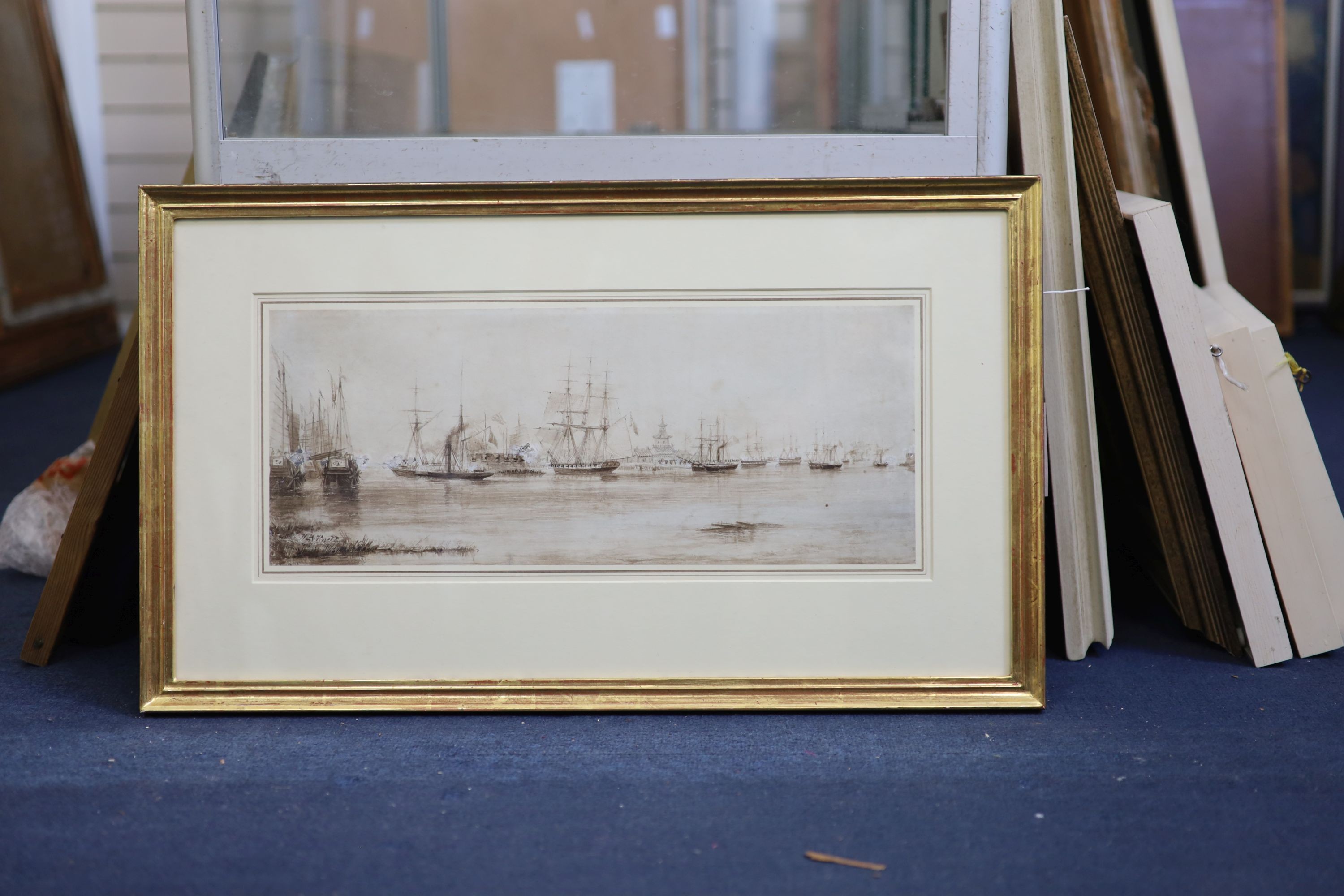 William Adolphus Knell (1805-1871), Naval action on the Canton river showing British naval vessels and Chinese war junks, sepia watercolour, 19 x 47cm.